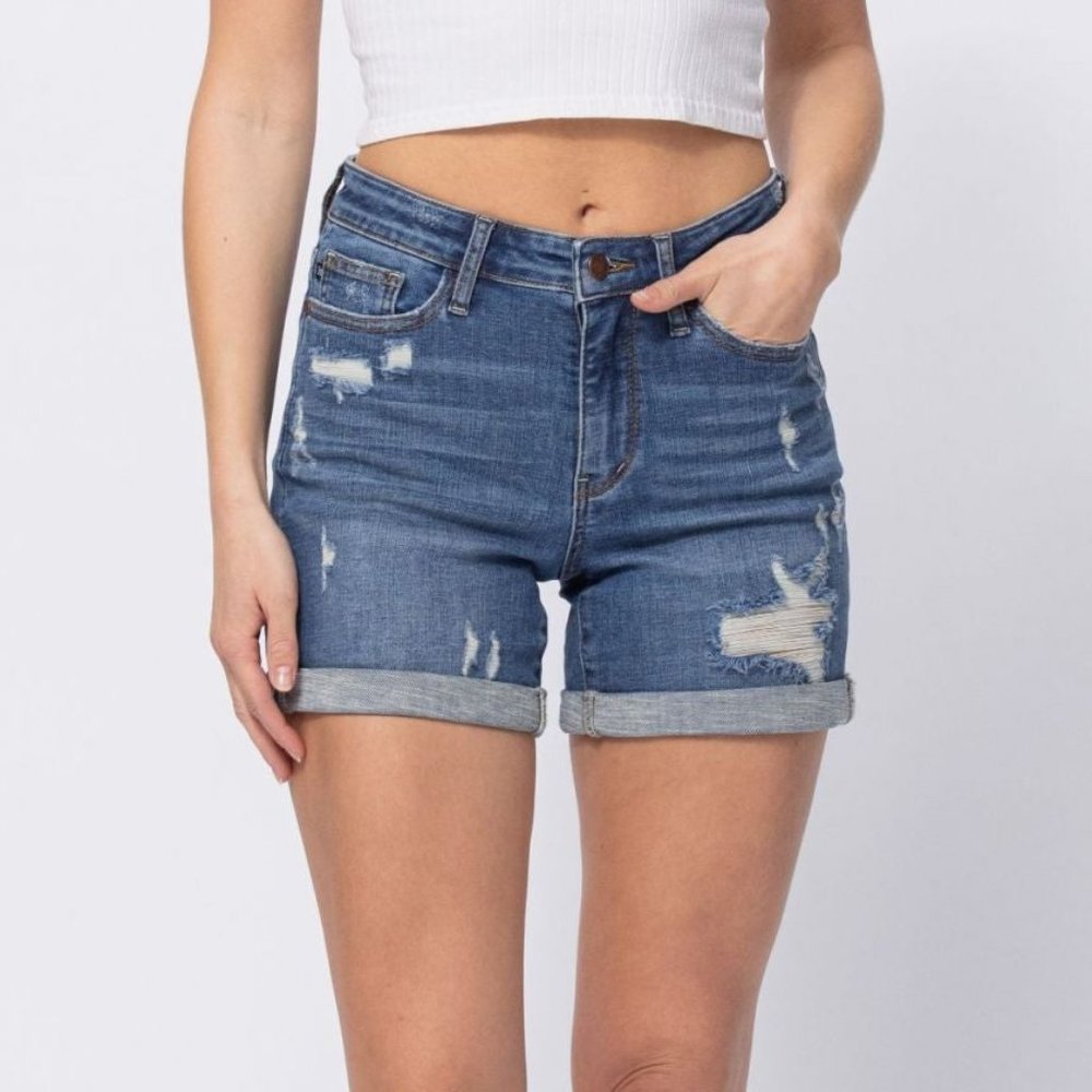 MidRise Dandelion Embroidery  Cuffed Shorts ( Cuff Is Not Sewn )